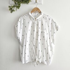 🌵 Old Navy Cactus Print Tie Hem Shirt Womens XXL White Button Front NWT